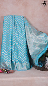 Sea Blue Zari Zigzag Mashru Katan Banarasi Silk Saree
